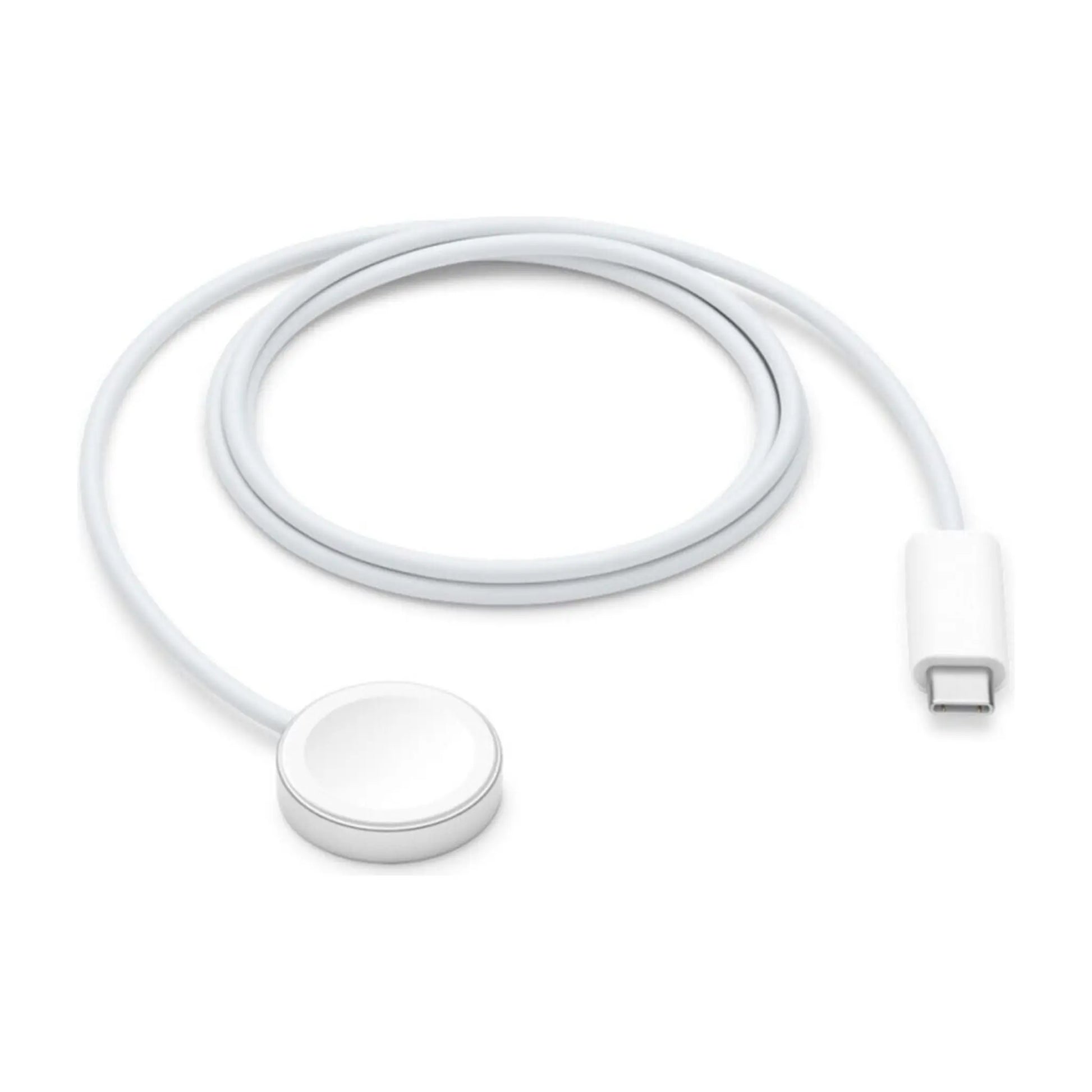 Das Bild zeigt das Apple Watch MagSafe Ladegerät USB-C in Weiß aus der Frontansicht.