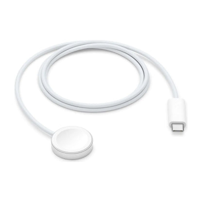 Das Bild zeigt das Apple Watch MagSafe Ladegerät USB-C in Weiß aus der Frontansicht.