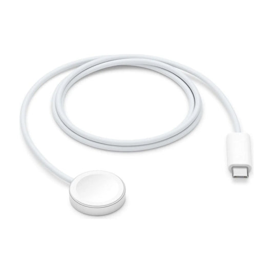 Das Bild zeigt das Apple Watch MagSafe Ladegerät USB-C in Weiß aus der Frontansicht.