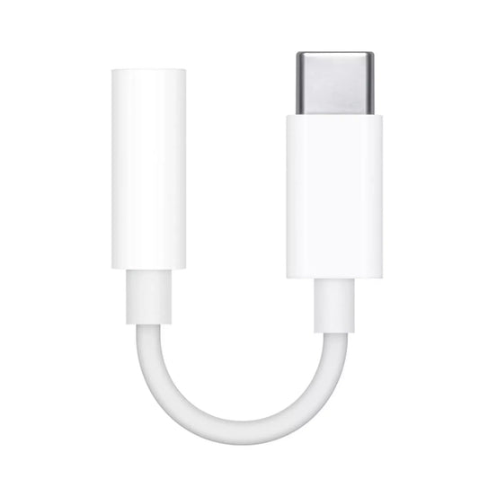 Das Bild zeigt den Firelia AUX-Adpater USB-C auf 3,5-mm Klinkenstecker in Weiß aus der Frontansicht.