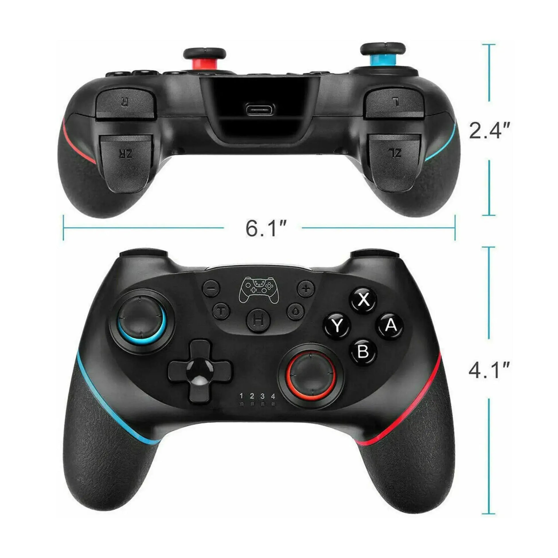 Das Bild zeigt den Firelia Gaming Controller Für Nintendo Switch Wireless Gamepad in Schwarz mit den jeweiligen Abmessungen.