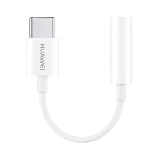 Das Bild zeigt den Huawei Adapter in Weiß, USB-C auf 3,5-mm-Klinkenstecker, kompakter Audio-Adapter für Kopfhörer und Lautsprecher ohne USB-C-Anschluss aus der Detailansicht. 