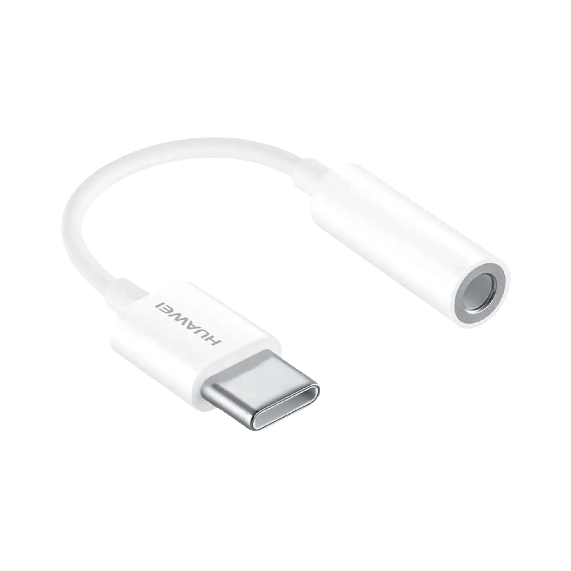 Das Bild zeigt den Huawei Adapter in Weiß, USB-C auf 3,5-mm-Klinkenstecker, kompakter Audio-Adapter für Kopfhörer und Lautsprecher ohne USB-C-Anschluss aus der Frontansicht. 