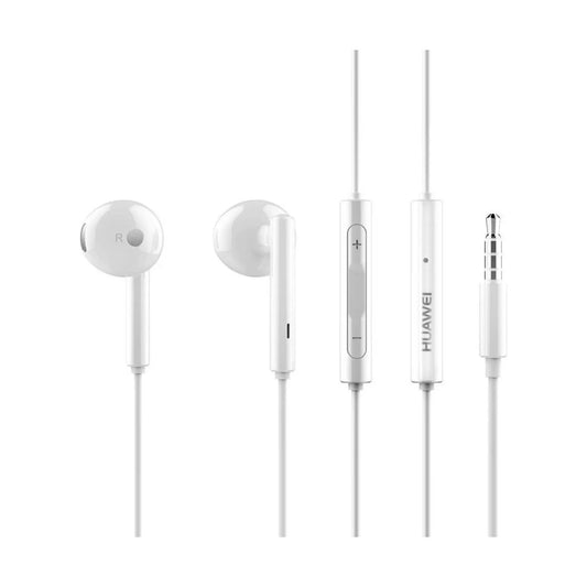 Das Bild zeigt die Huawei AM115 In-Ear-Kopfhörer in Weiß, kabelgebunden mit 3,5-mm-Klinkenanschluss aus der Frontansicht.