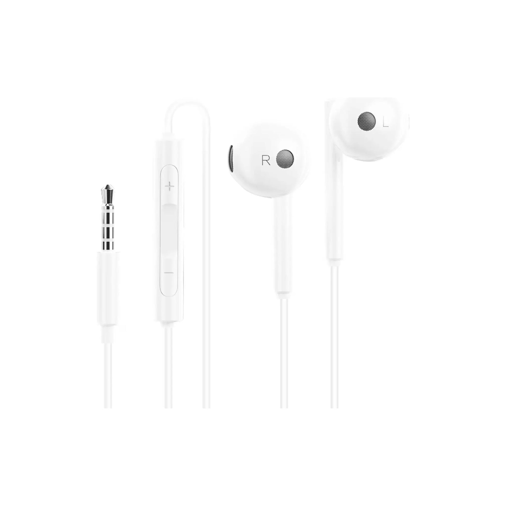 Das Bild zeigt die Huawei AM115 In-Ear-Kopfhörer in Weiß, kabelgebunden mit 3,5-mm-Klinkenanschluss aus der Seitenansicht.