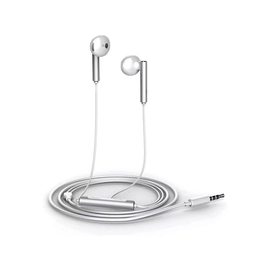 Das Bild zeigt die Huawei AM116 In-Ear-Kopfhörer in Weiß, kabelgebunden mit 3,5-mm-Klinkenanschluss aus der Frontansicht.