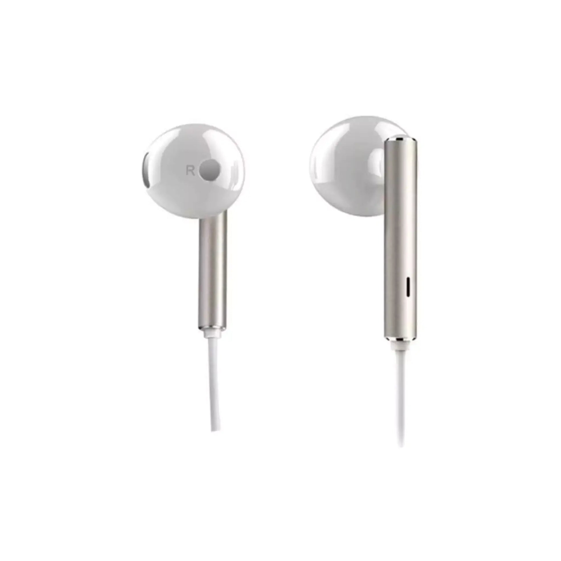 Das Bild zeigt die Huawei AM116 In-Ear-Kopfhörer in Weiß, kabelgebunden mit 3,5-mm-Klinkenanschluss aus der Seitenansicht.
