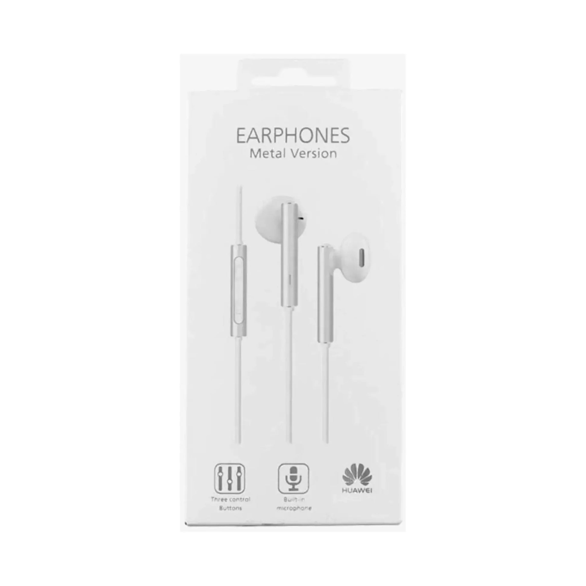 Das Bild zeigt die Huawei AM116 In-Ear-Kopfhörer in Weiß, kabelgebunden mit 3,5-mm-Klinkenanschluss mit Verpackung. 