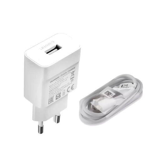 Das Bild zeigt das Huawei Ladegerät HW-059200EHQ in Weiß, inklusive Micro-USB-Ladekabel.