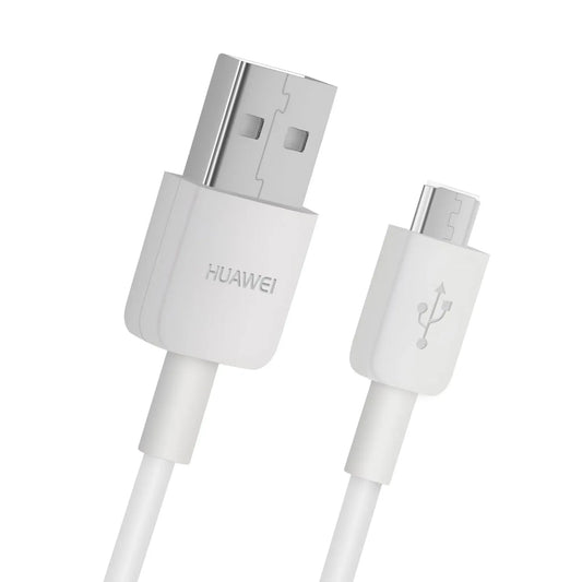 Huawei Micro-USB-Ladekabel in Weiß, 1 Meter Länge, geeignet zum Laden und Synchronisieren kompatibler Geräte. Das Bild zeigt das Kabel aus der Frontansicht.