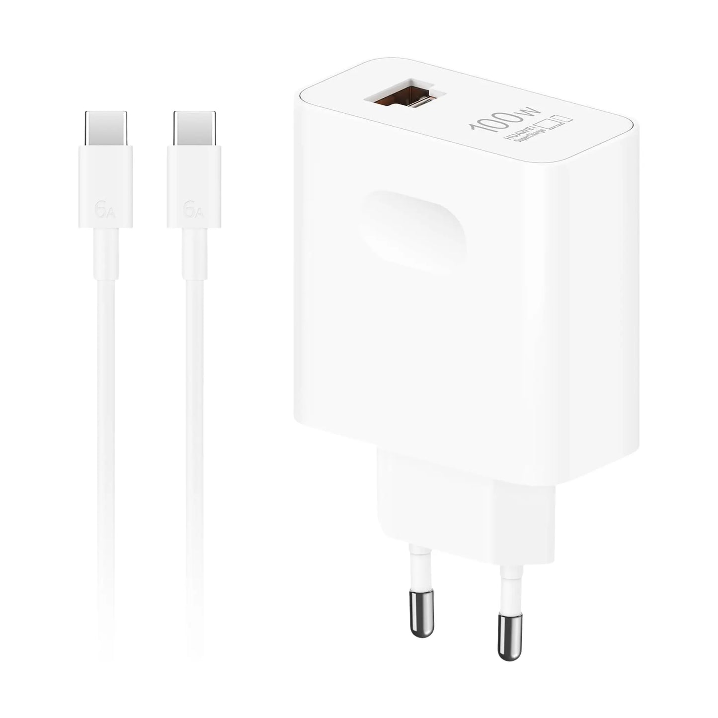 Das Bild zeigt das Huawei Superpower Wall Charger Ladegerät 100W inklusive Ladekabel in Weiß.