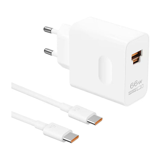 Das Bild zeigt das Huawei Superpower Wall Charger Ladegerät 66W inklusive Ladekabel. 