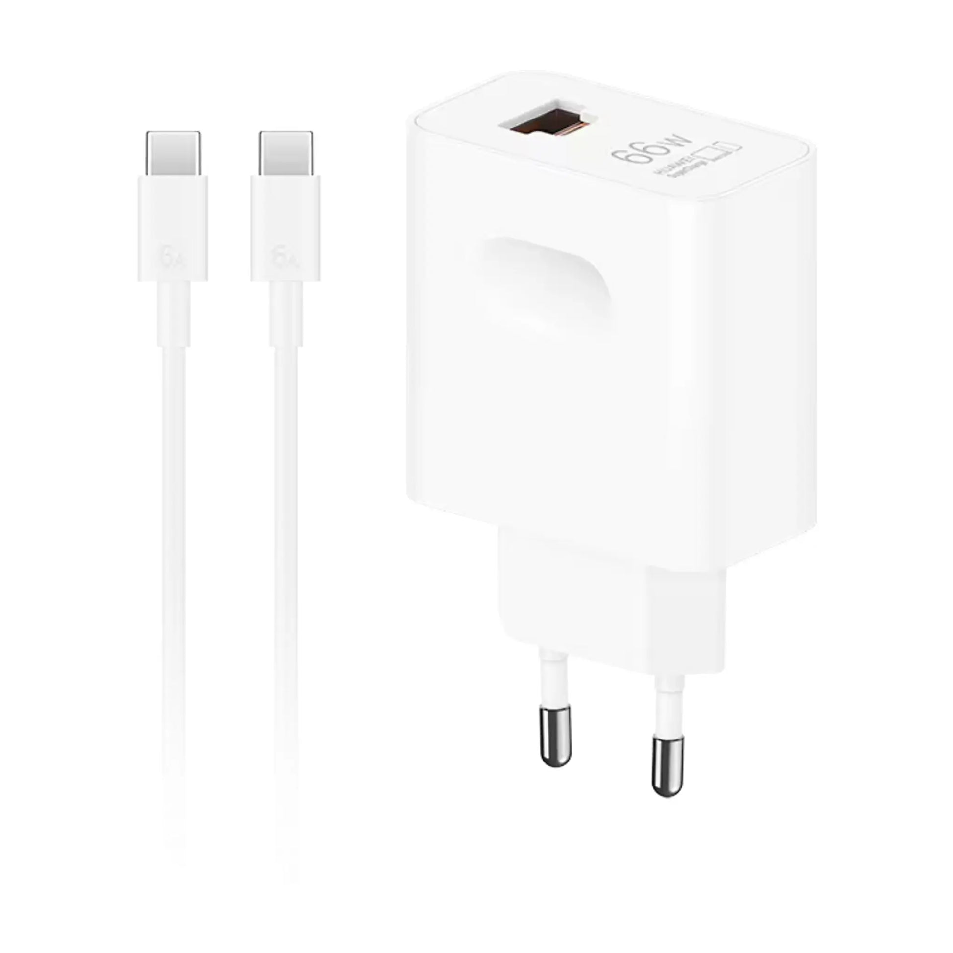 Das Bild zeigt das Huawei Superpower Wall Charger Ladegerät 66W inklusive Ladekabel in Weiß.