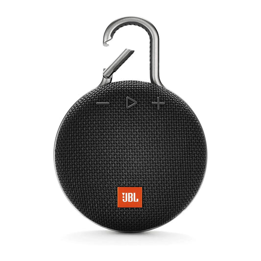 Das Bild zeigt den JBL Clip 3 Bluetooth Lautsprecher in Schwarz aus der Frontansicht.