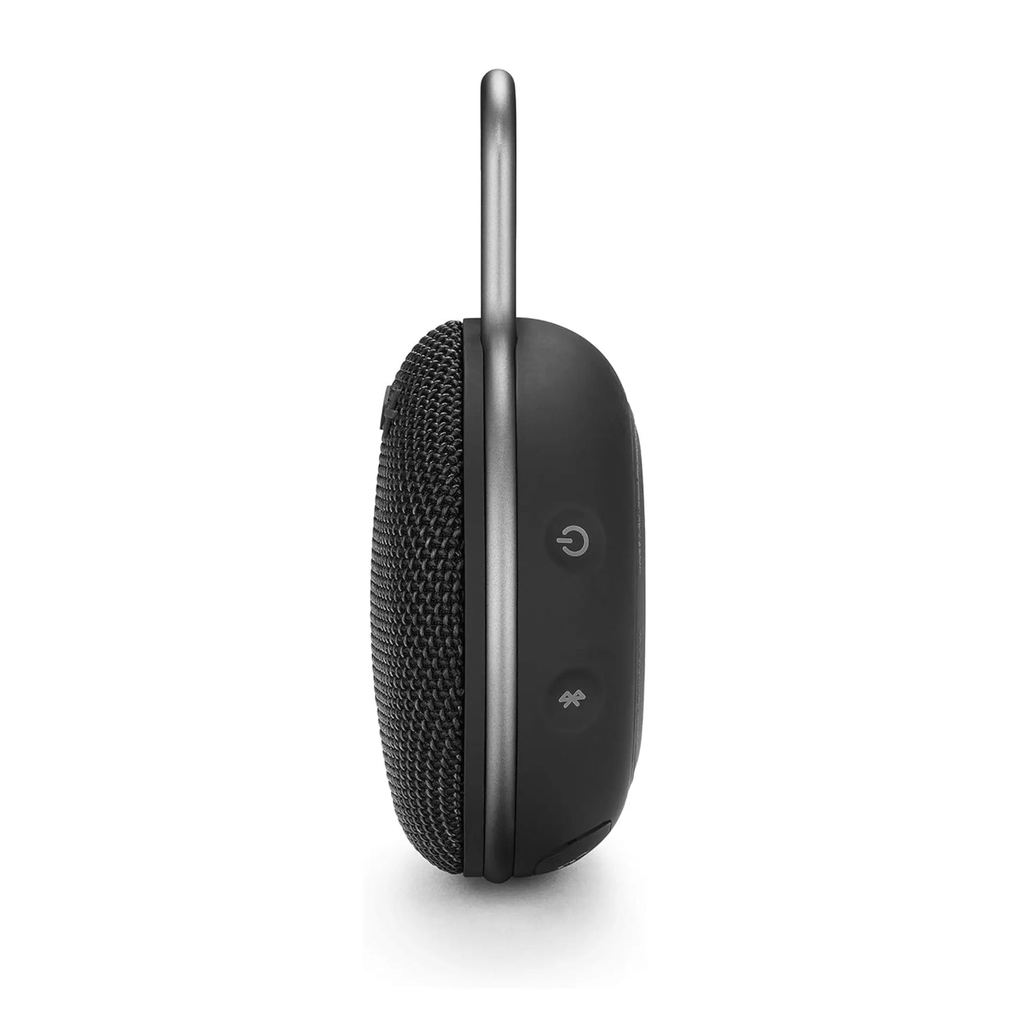 Das Bild zeigt den JBL Clip 3 Bluetooth Lautsprecher in Schwarz aus der Seitenansicht.