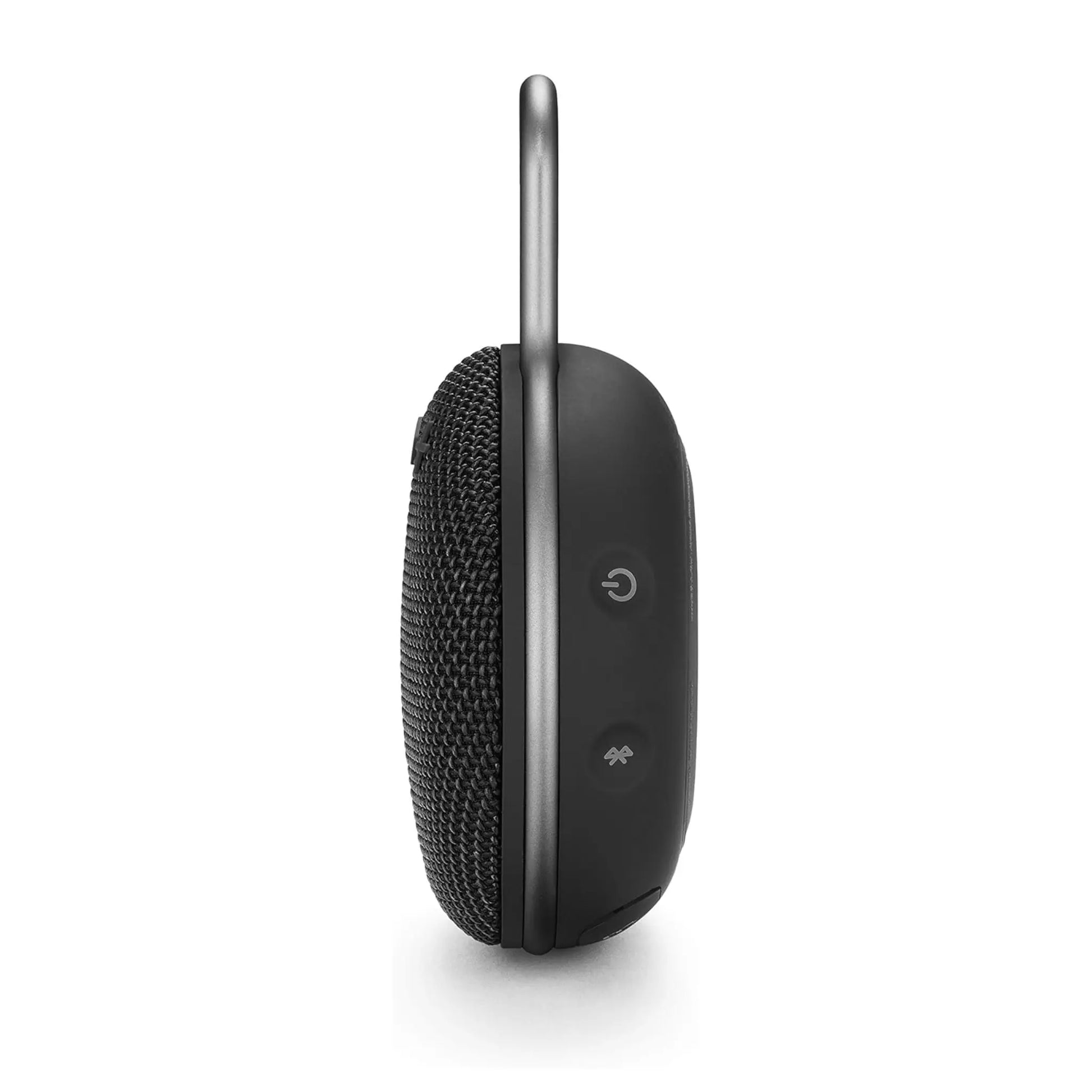 Das Bild zeigt den JBL Clip 3 Bluetooth Lautsprecher in Schwarz aus der Seitenansicht.