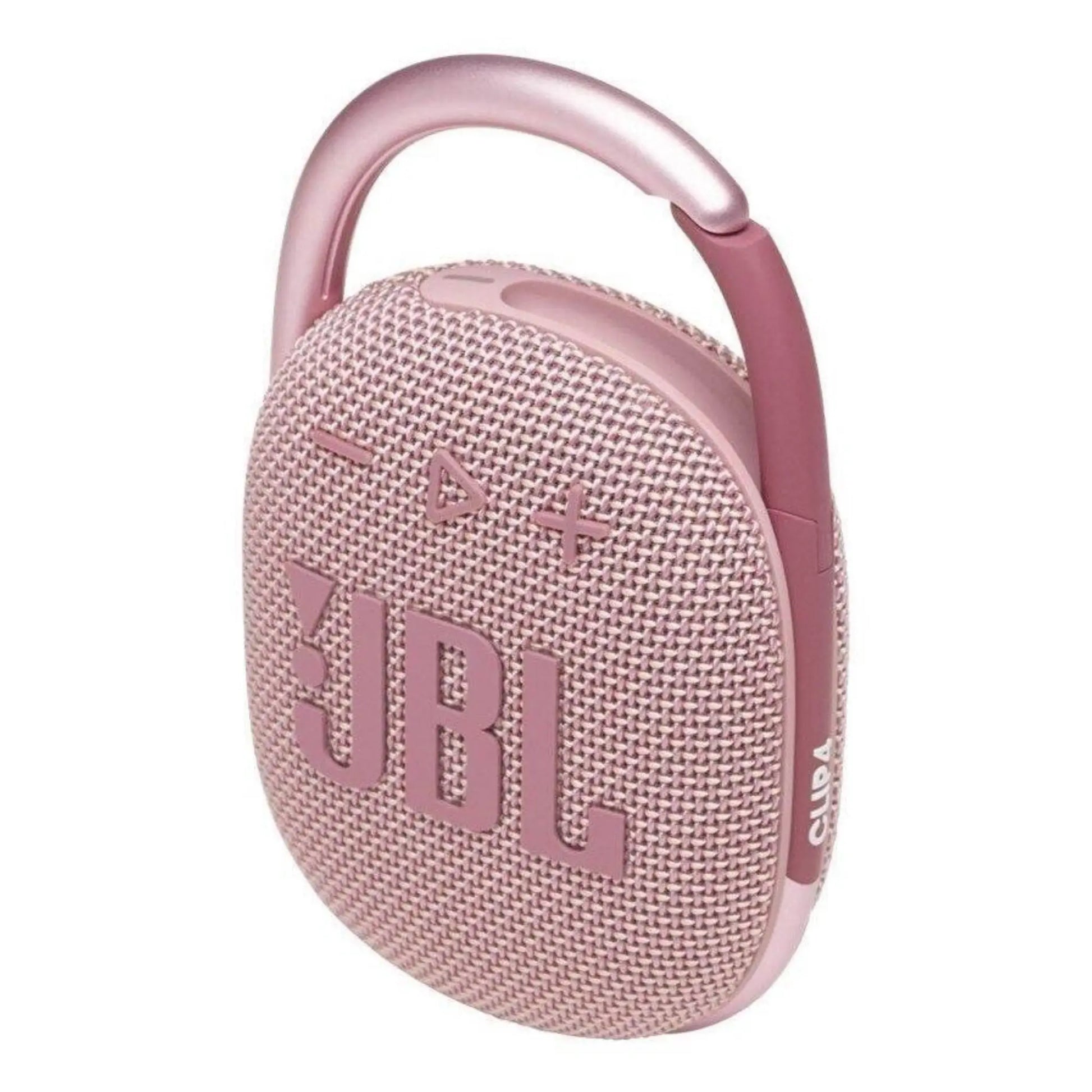 Das Bild zeigt den JBL Clip 4 Bluetooth Lautsprecher in Rosa aus der Schrägansicht.