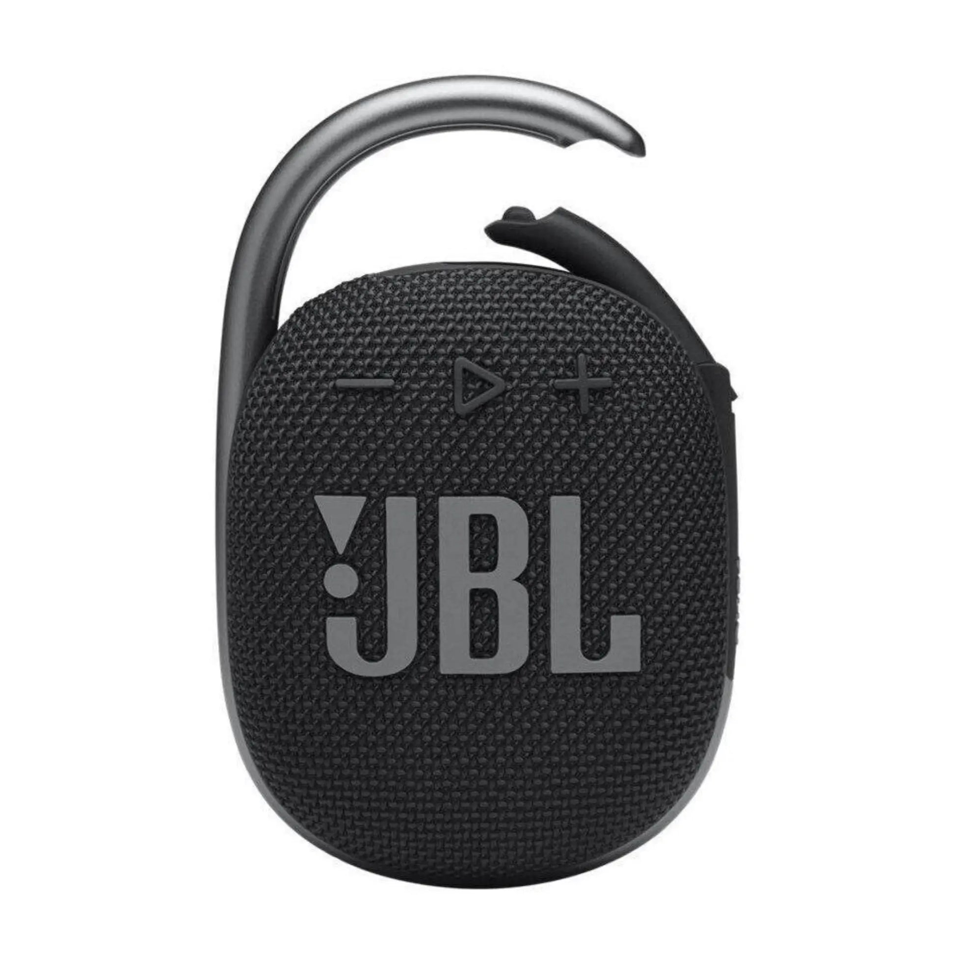 Das Bild zeigt den JBL Clip 4 Bluetooth Lautsprecher in Schwarz aus der Frontansicht.