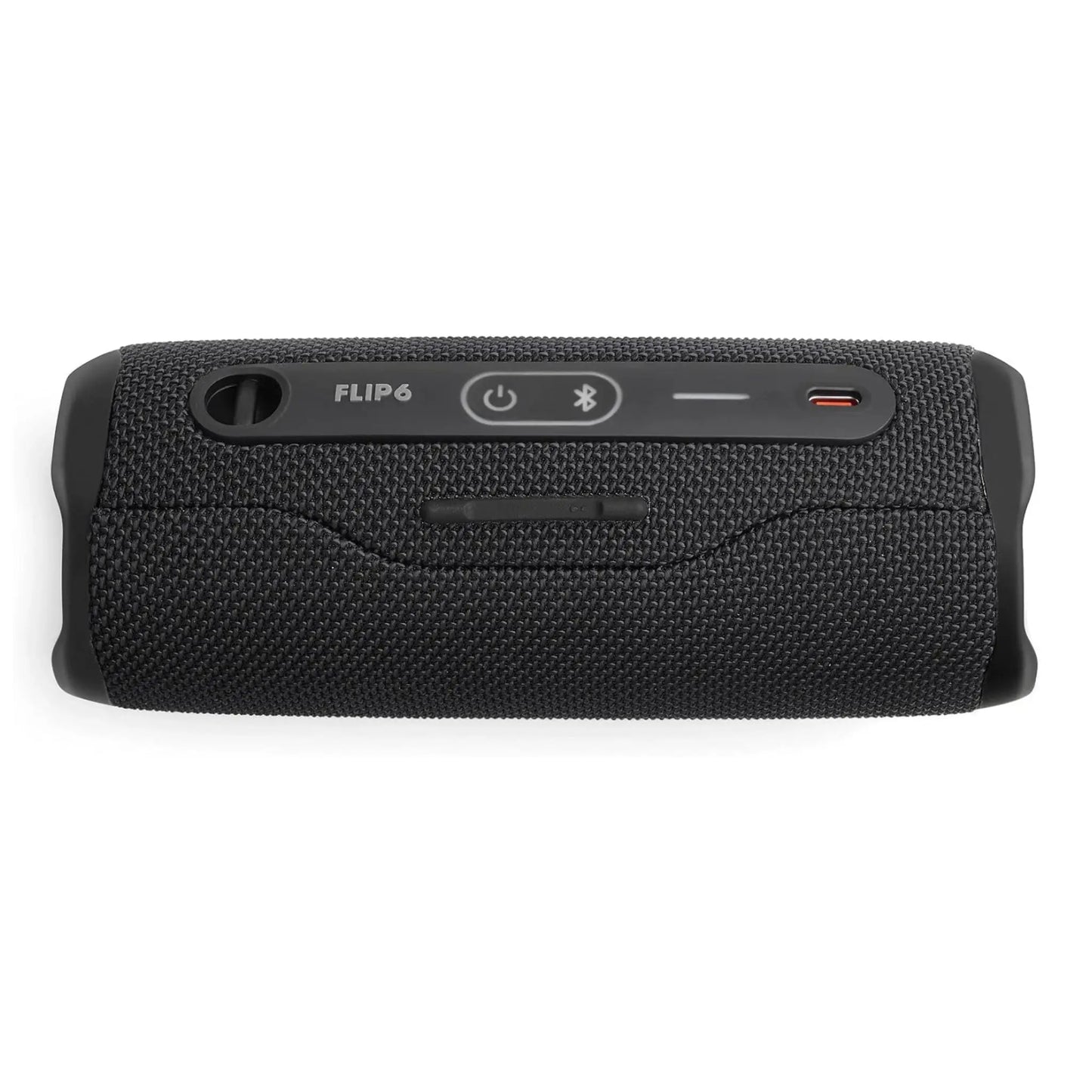 Das Bild zeigt den JBL Flip 6 Bluetooth Lautsprecher in Schwarz von der Rückseite.