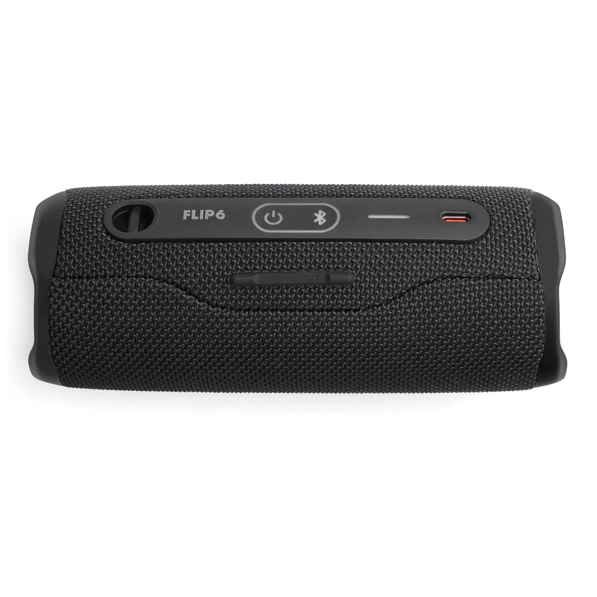 Das Bild zeigt den JBL Flip 6 Bluetooth Lautsprecher in Schwarz von der Rückseite.