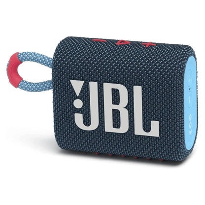 JBL Go 3 Bluetooth Lautsprecher in Blau/Rosa für tragbaren Sound und kompaktes Design.