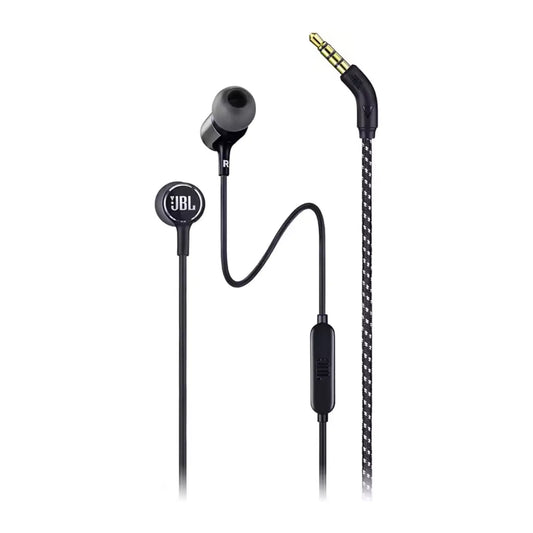Das Bild zeigt die JBL Live 100 In-Ear-Kopfhörer in Schwarz aus der Frontansicht.