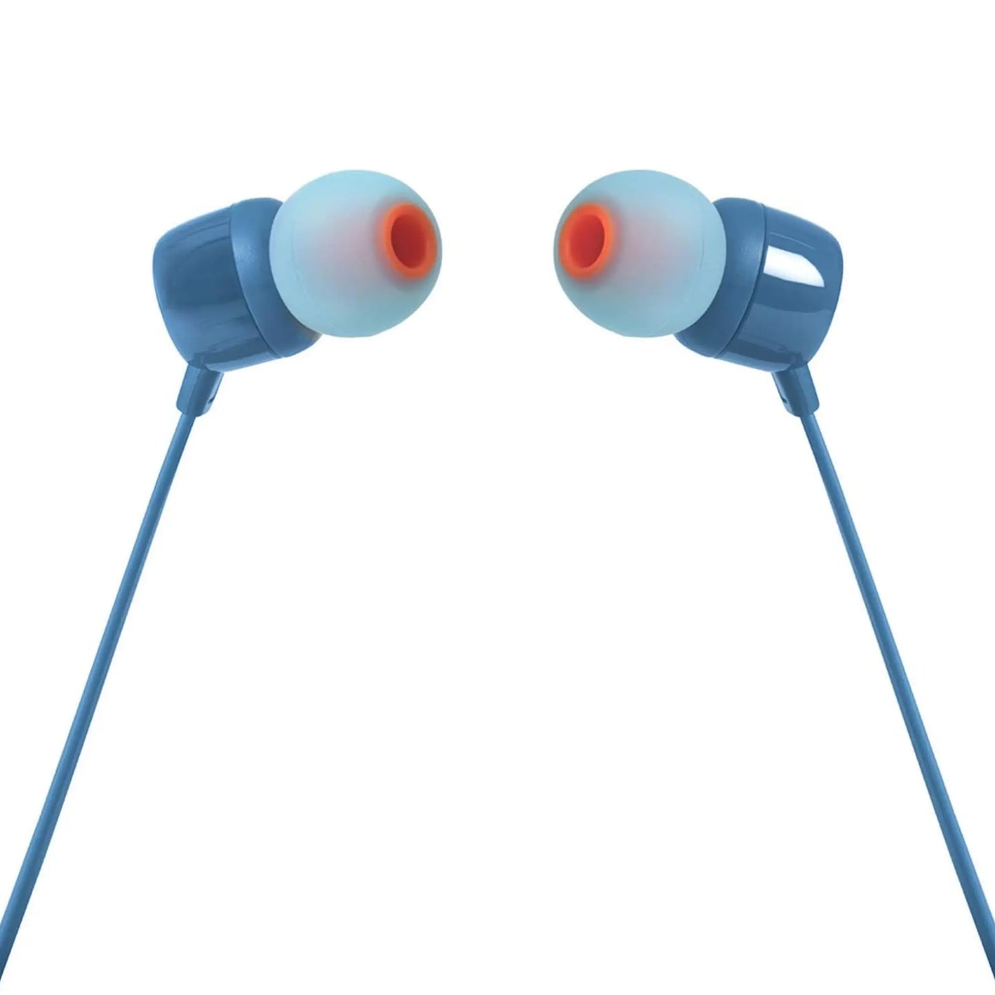 Das Bild zeigt die JBL Tune 110 In-Ear-Kopfhörer in Blau aus der Detailansicht.