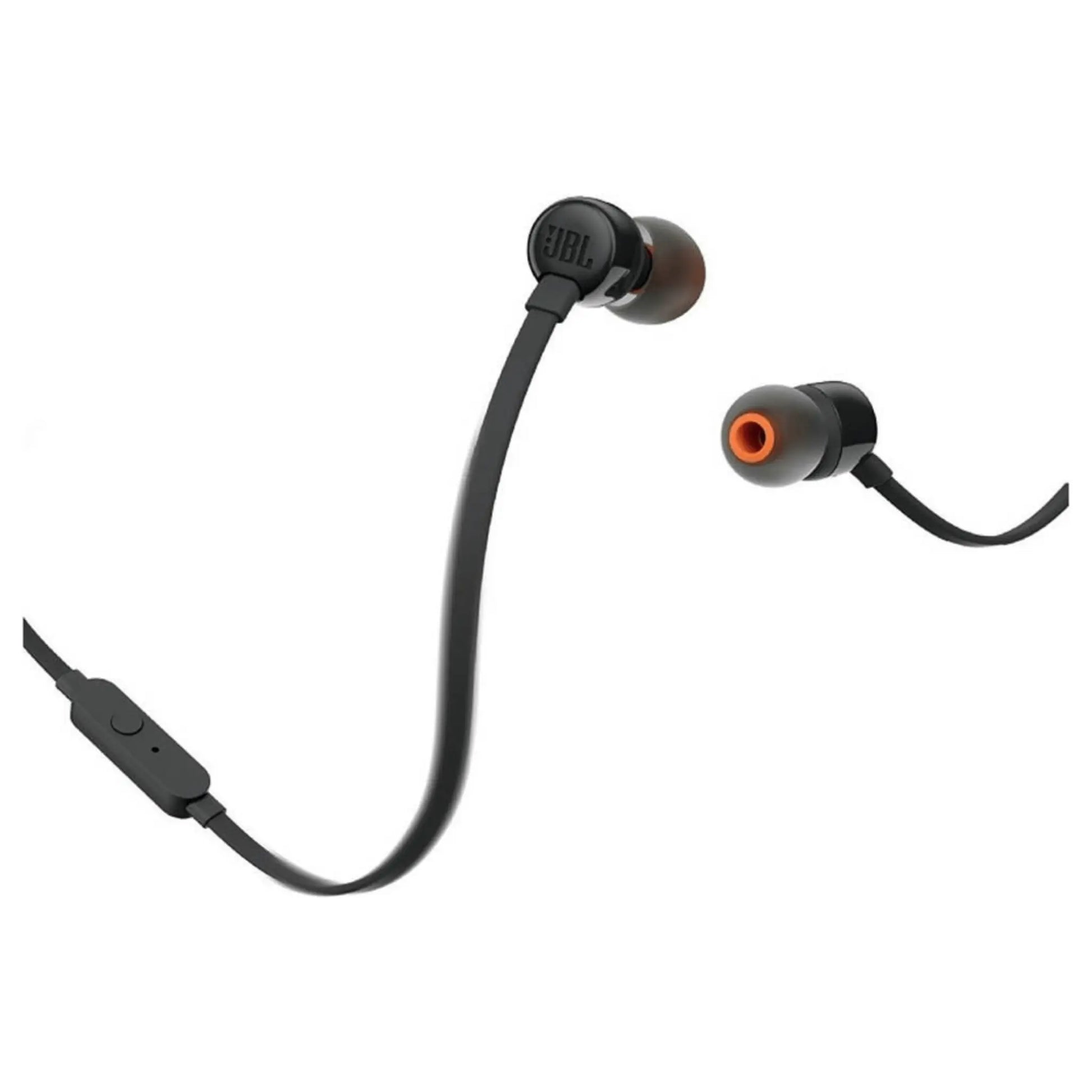 Das Bild zeigt die JBL Tune 110 In-Ear-Kopfhörer in Schwarz aus der Schrägansicht.