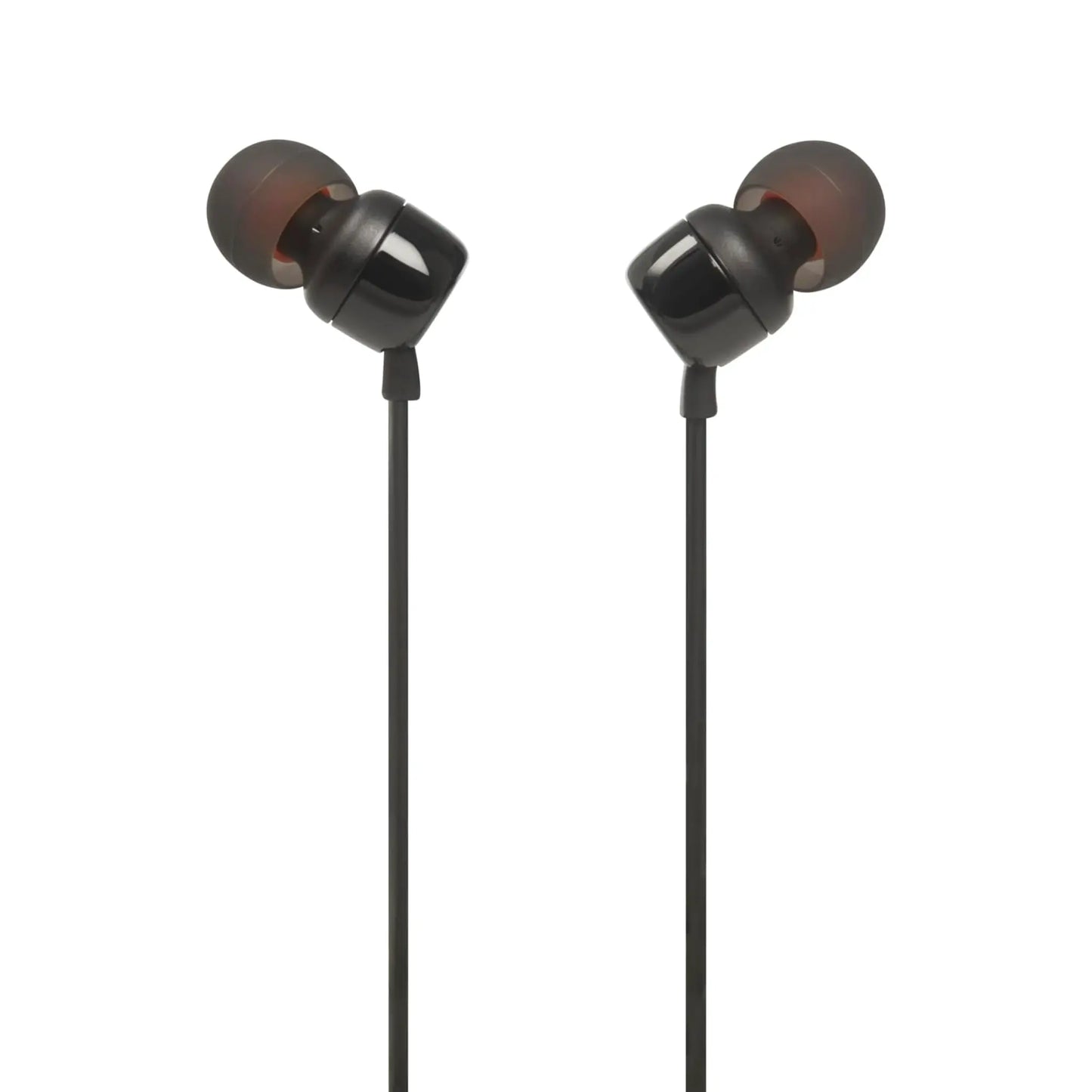 Das Bild zeigt die JBL Tune 110 In-Ear-Kopfhörer in Schwarz aus der Detailansicht.