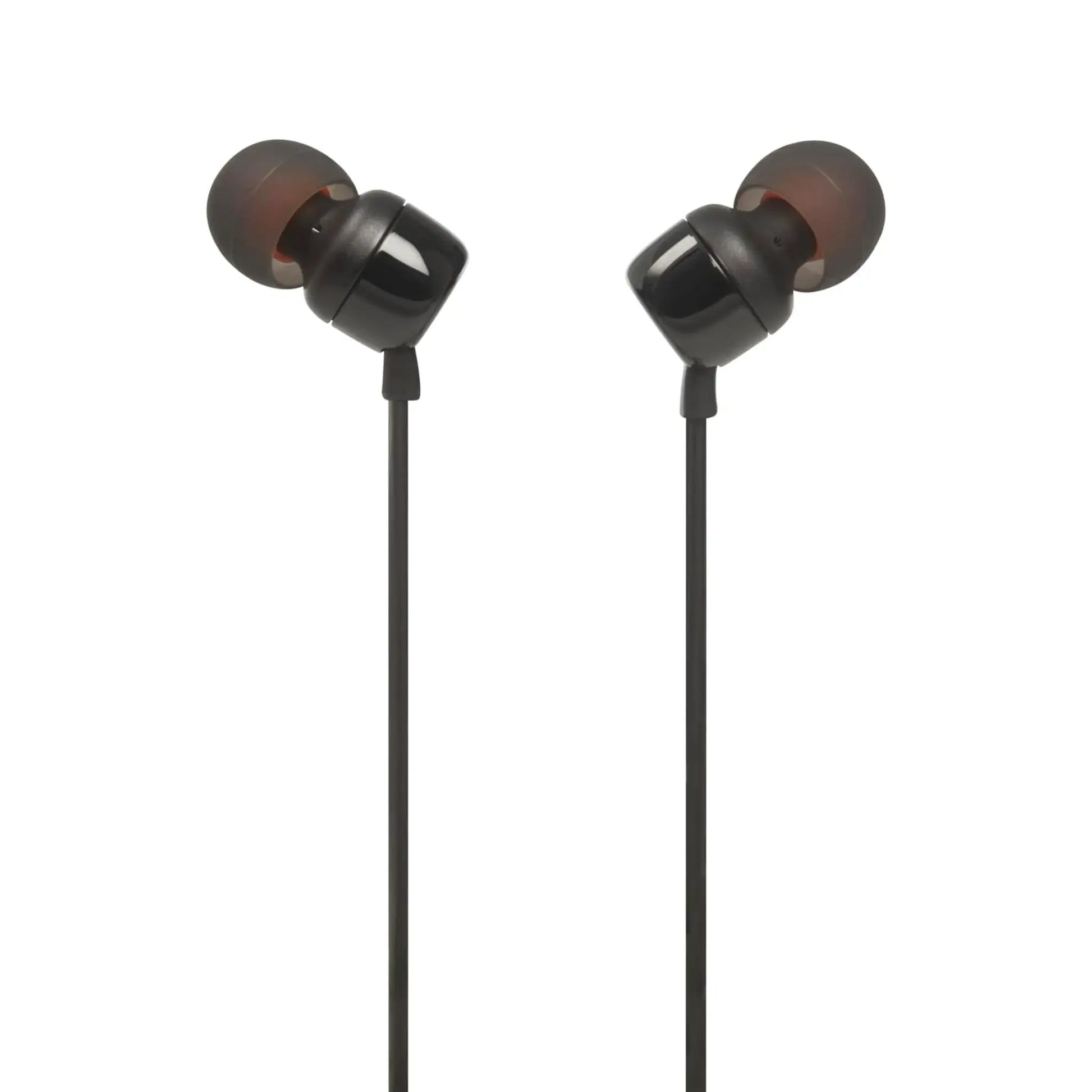 Das Bild zeigt die JBL Tune 110 In-Ear-Kopfhörer in Schwarz aus der Detailansicht.