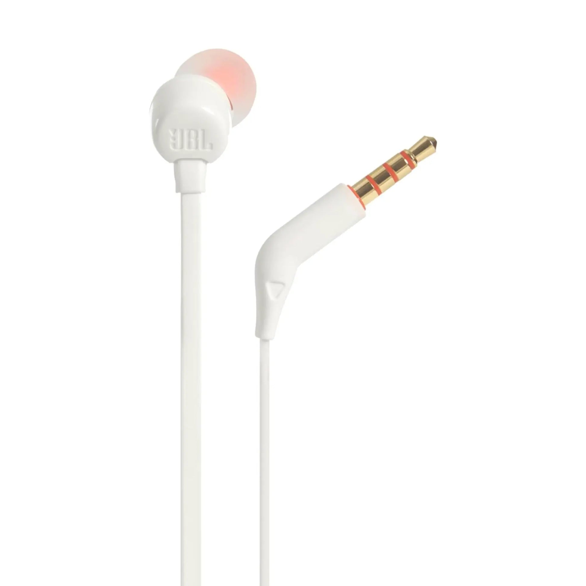 Das Bild zeigt die JBL Tune 110 In-Ear-Kopfhörer in Weiß aus der Detailansicht.
