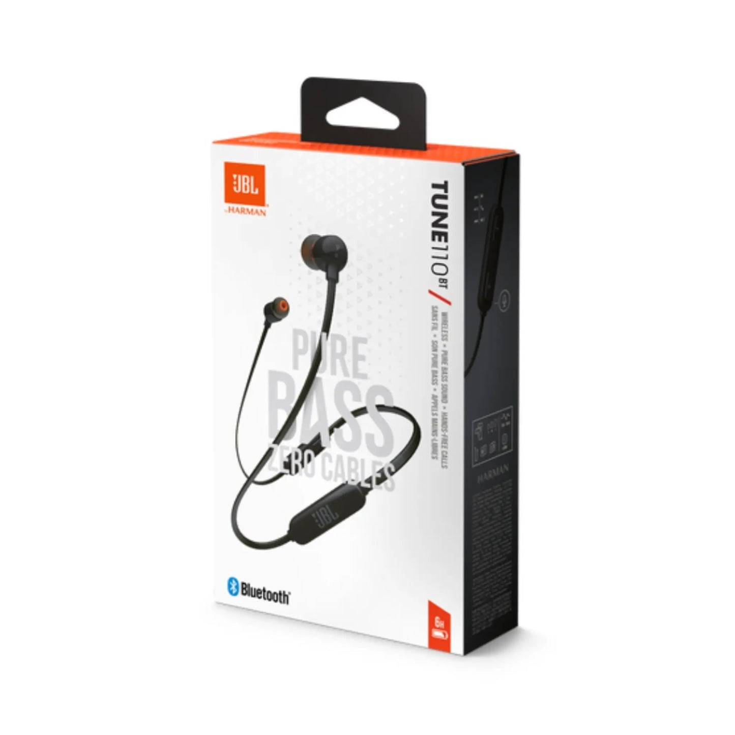 Das Bild zeigt die JBL Tune 110 BT In-Ear-Kopfhörer in Schwarz. 