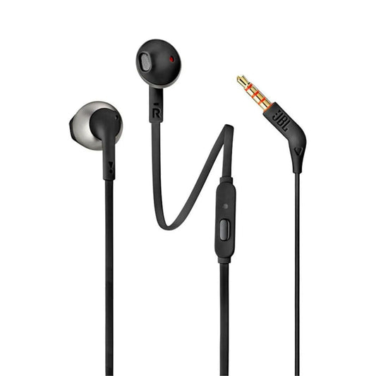 Das Bild zeigt die JBL Tune 205 In-Ear-Kopfhörer in Schwarz aus der Frontansicht.
