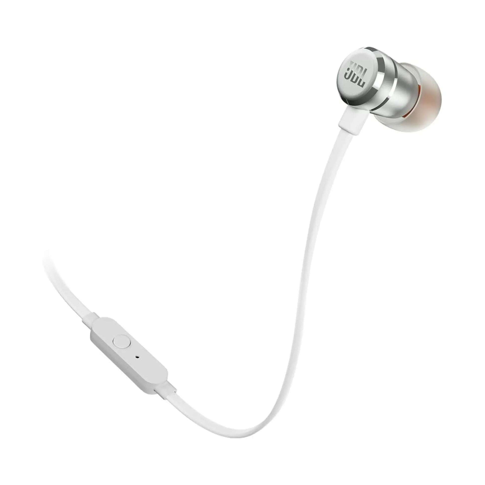 Das Bild zeigt die JBL Tune 290 In-Ear-Kopfhörer in Silber aus der Schrägansicht.