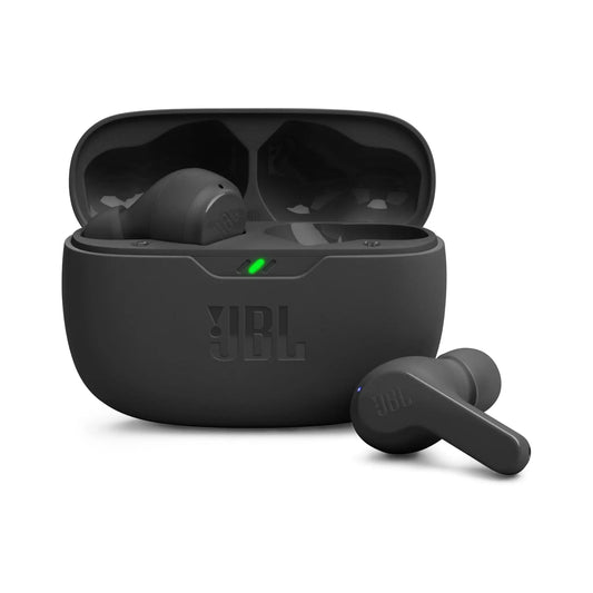 Das Bild zeigt die JBL Wave Beam In-Ear-Kopfhörer in Schwarz aus der Frontansicht.
