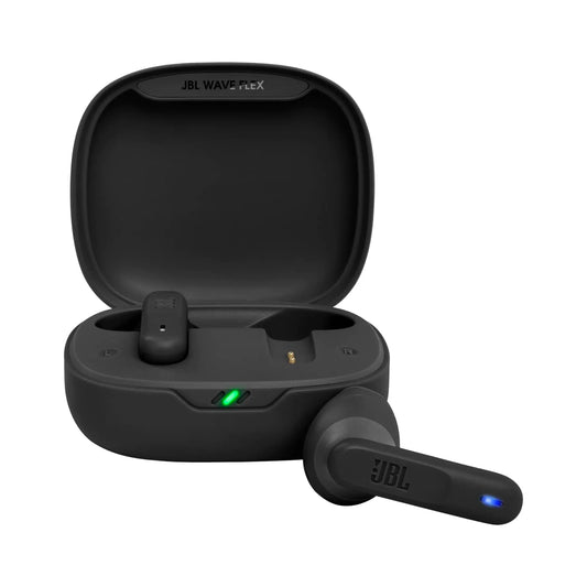 Das Bild zeigt die JBL Wave Flex In-Ear-Kopfhörer in Schwarz aus der Frontansicht.