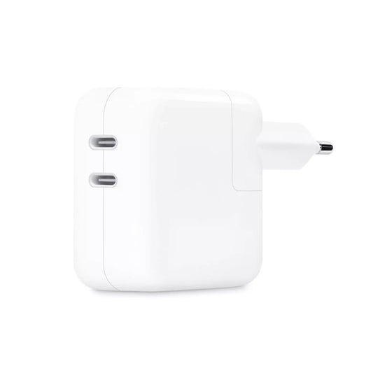 Das Bild zeigt das Ladegerät 35W Duo USB-C Netzteil in Weiß aus der Frontansicht.