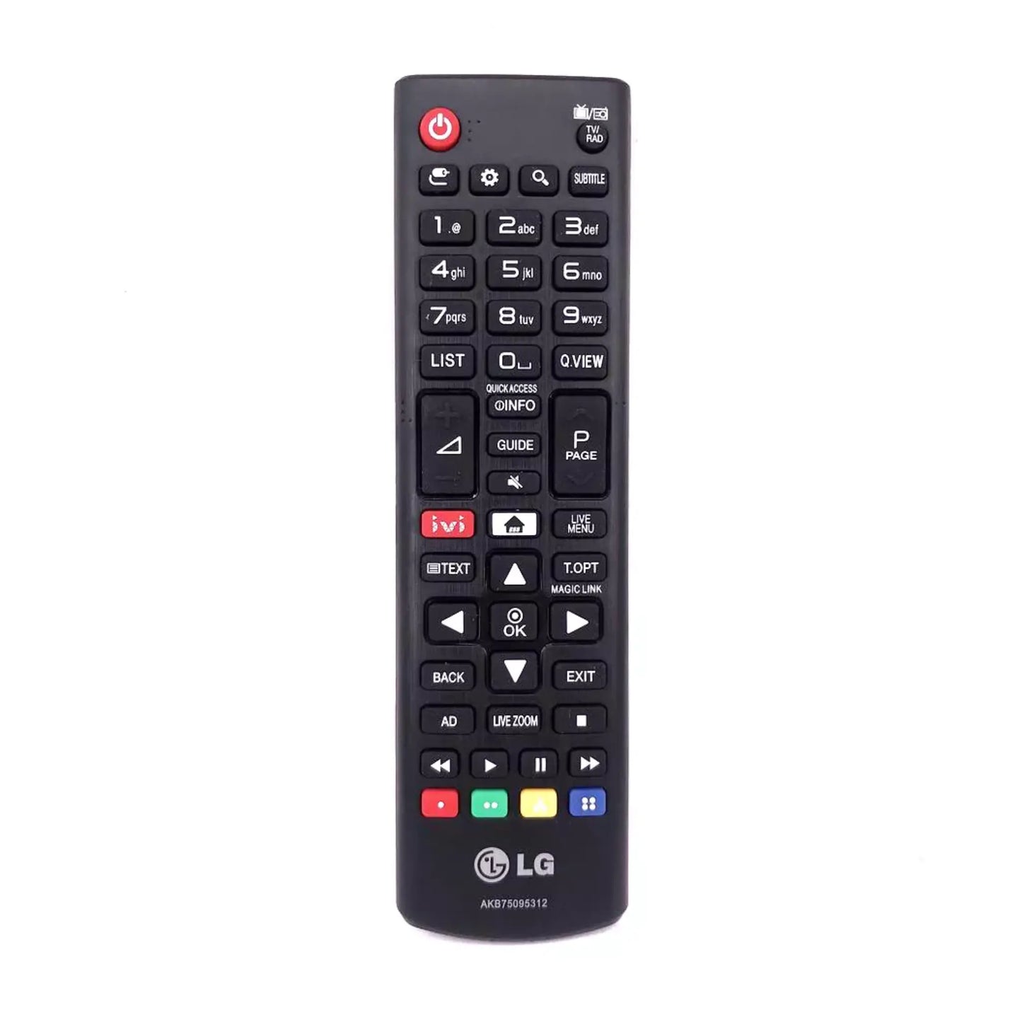 Das Bild zeigt die LG AKB75095312 Fernbedienung in Schwarz aus der Frontansicht. 