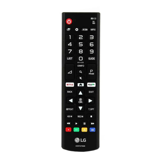 Das Bild zeigt die LG AKB75375608 Fernbedienung in Schwarz aus der Frontansicht.