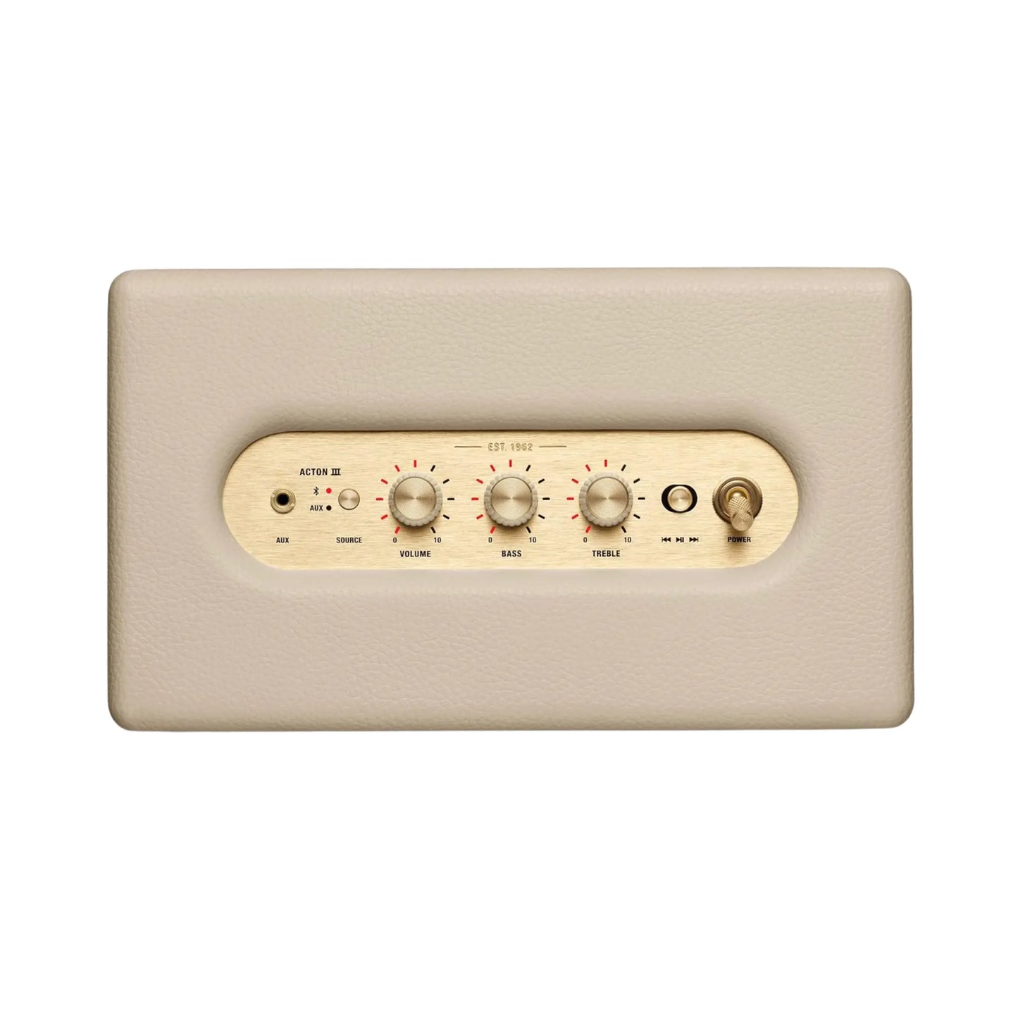 Das Bild zeigt den Marshall Acton III Bluetooth Lautsprecher in Creme aus der Vogelperspektive.