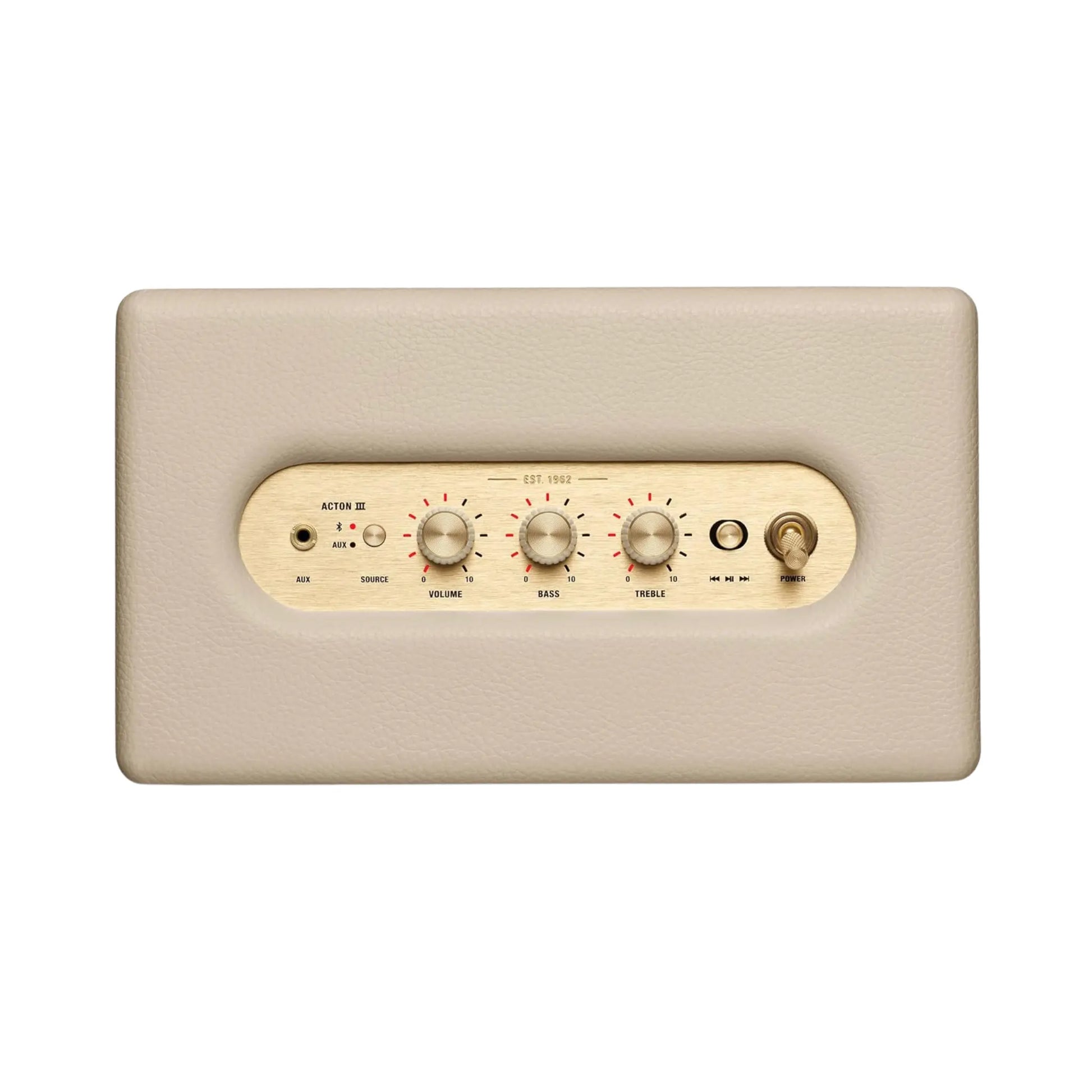 Das Bild zeigt den Marshall Acton III Bluetooth Lautsprecher in Creme aus der Vogelperspektive.