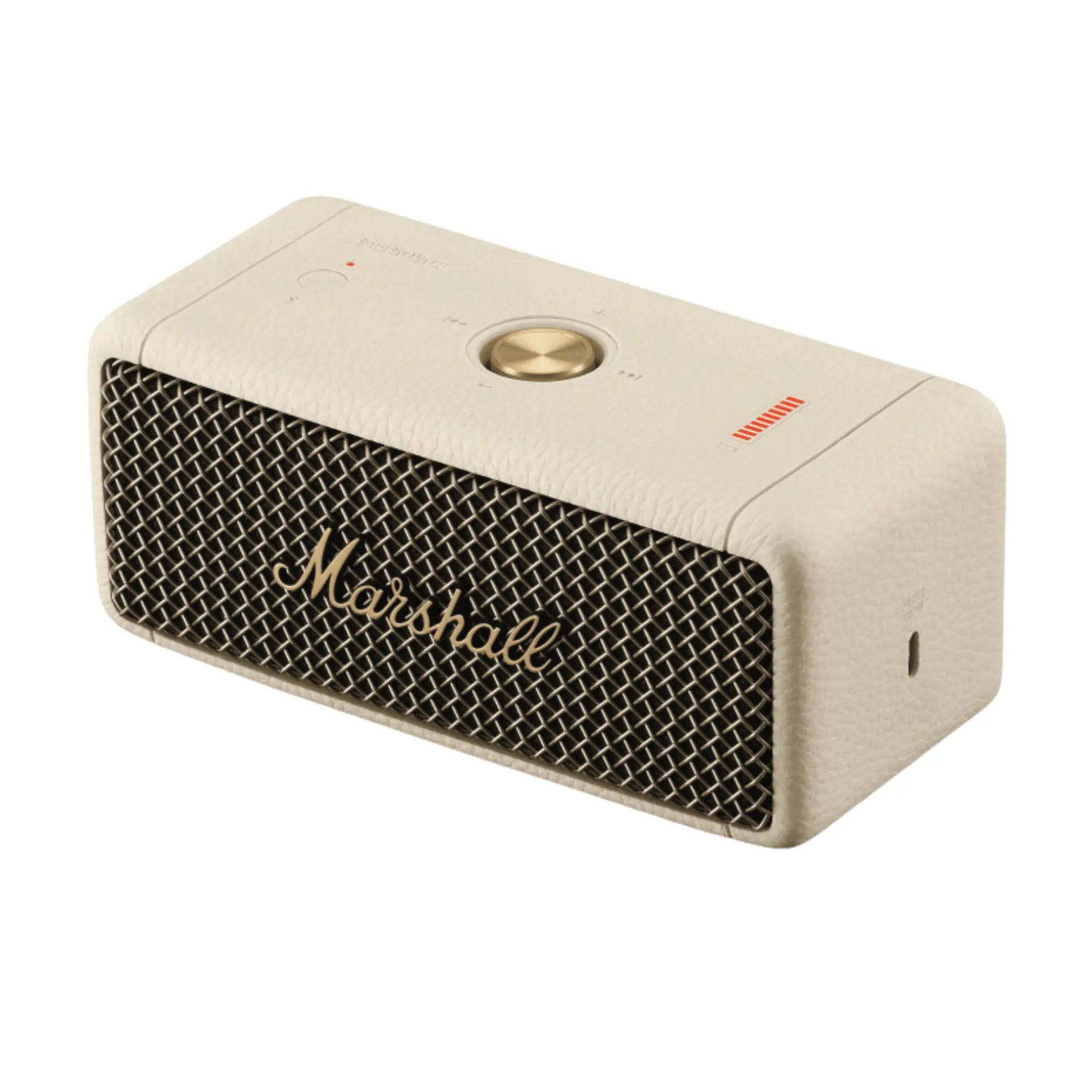 Das Bild zeigt den Marshall Emberton II Bluetooth Lautsprecher in Creme aus der Schrägansicht.