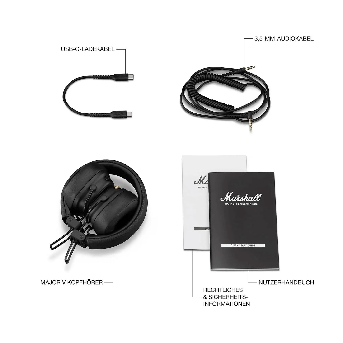 Lieferumfang Marshall Major III Bluetooth Kopfhörer inklusive Kabel und Tasche.