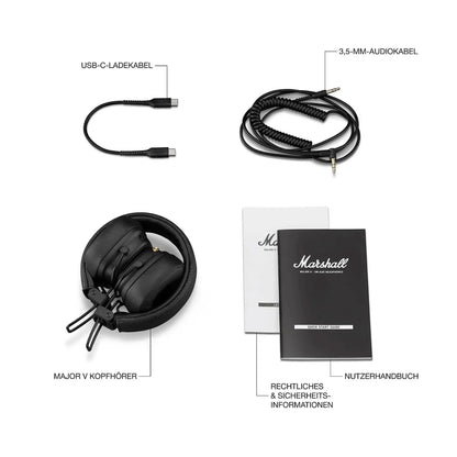 Lieferumfang Marshall Major III Bluetooth Kopfhörer inklusive Kabel und Tasche.