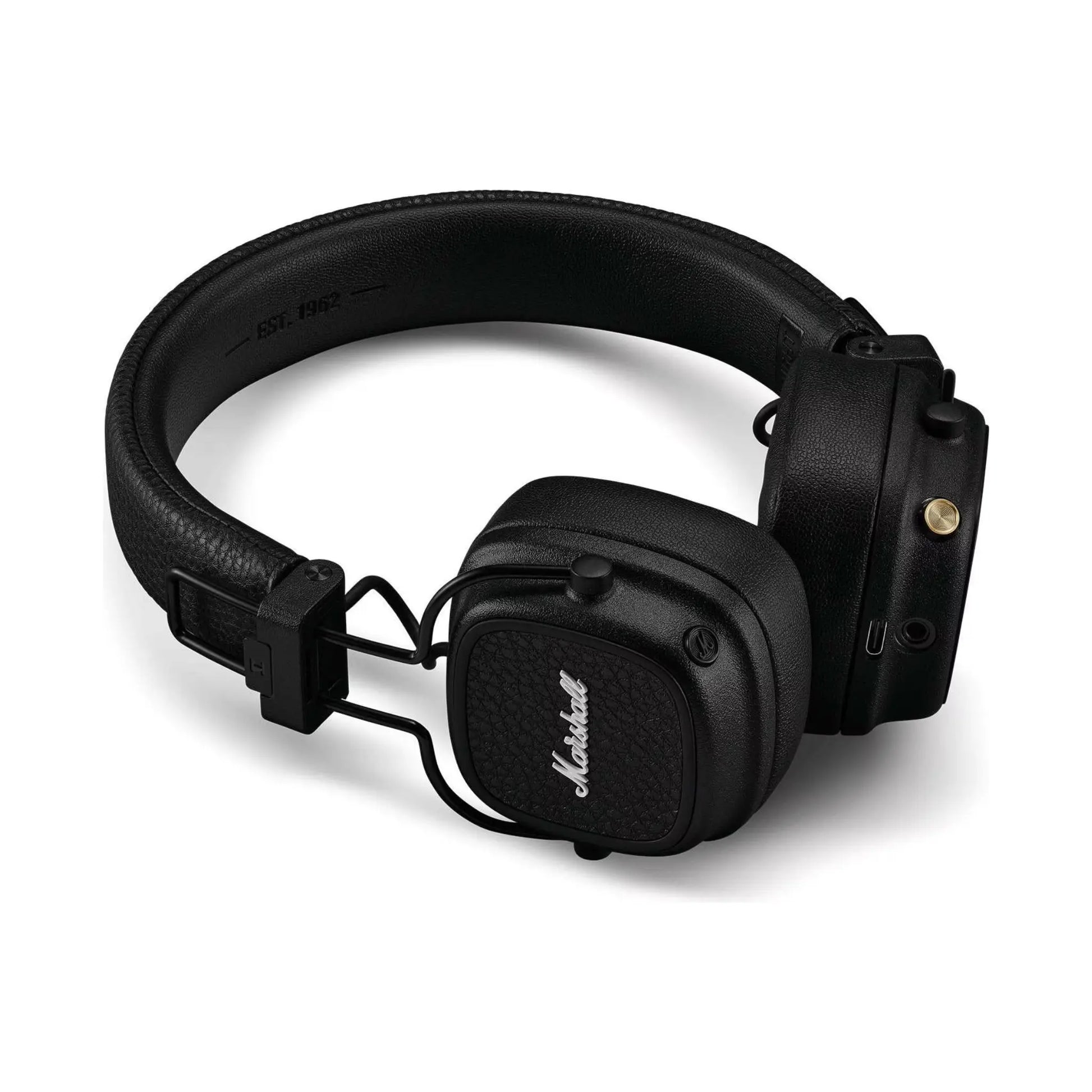Das Bild zeigt die Marshall Major V Bluetooth Kopfhörer in Schwarz aus der Seitenansicht.