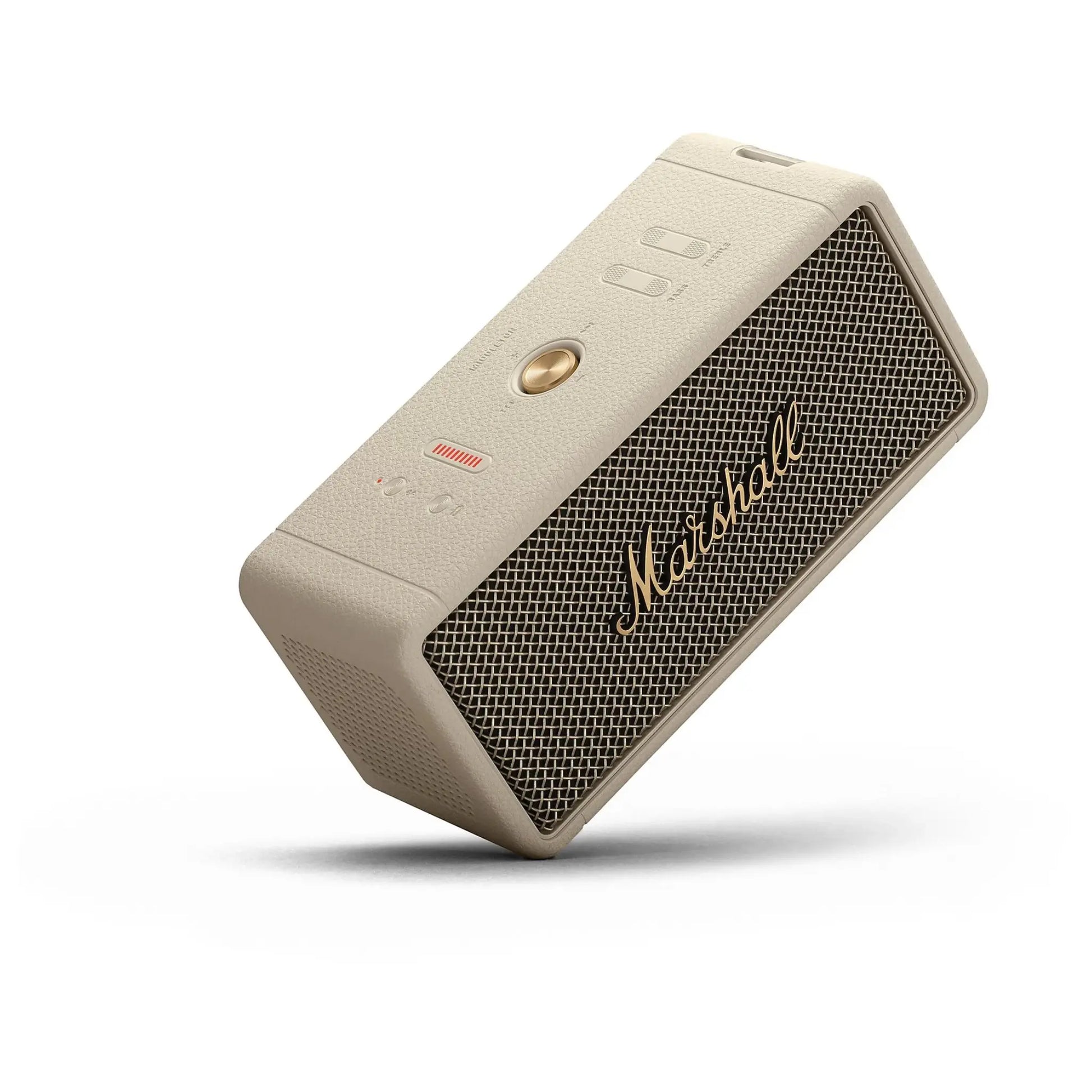 Das Bild zeigt den Marshall Middleton Bluetooth Lautsprecher in Creme aus der Schrägansicht.