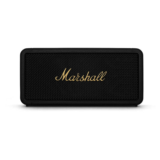 Das Bild zeigt den Marshall Middleton Bluetooth Lautsprecher in Schwarz aus der Frontansicht.