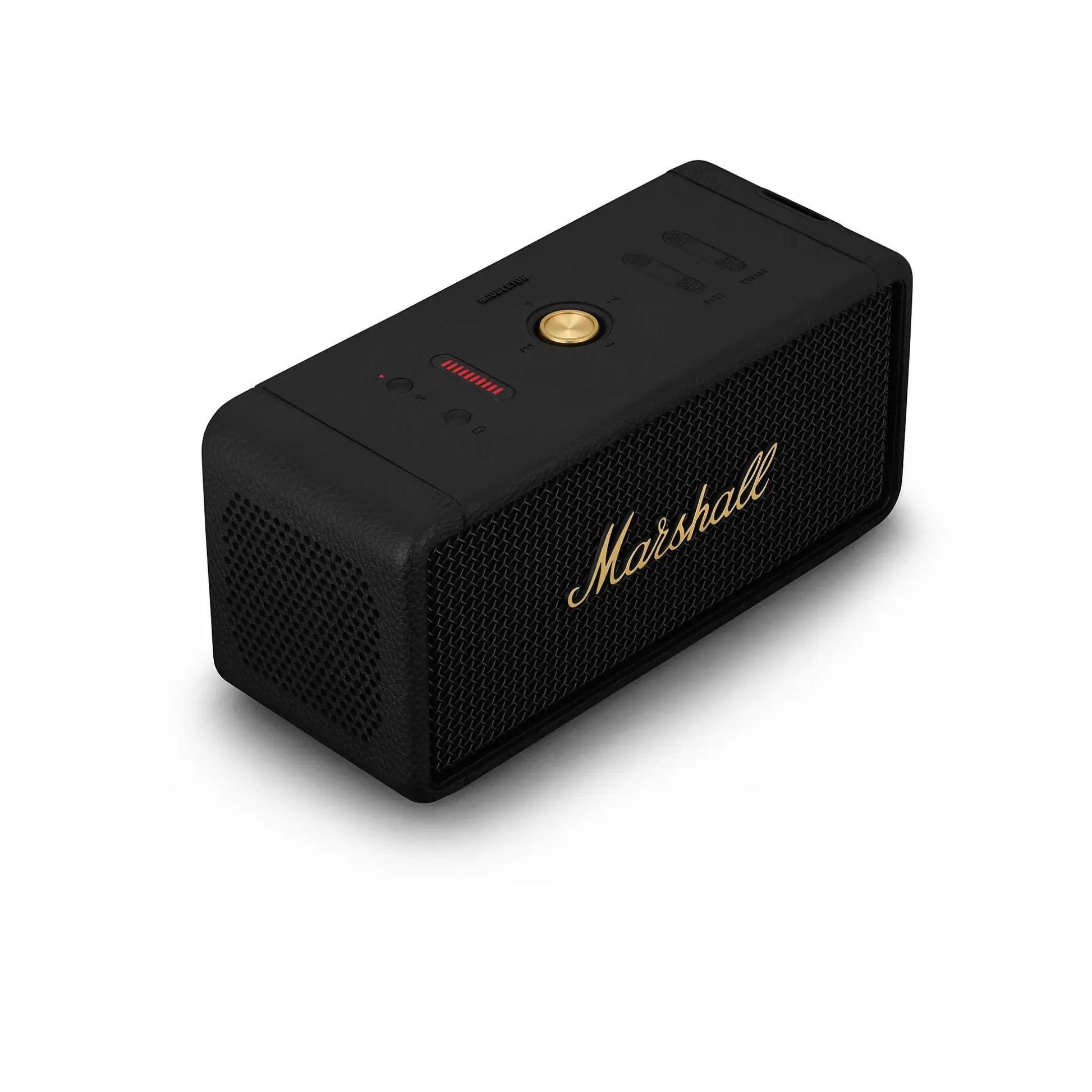Das Bild zeigt den Marshall Middleton Bluetooth Lautsprecher in Schwarz aus der Schrägansicht.