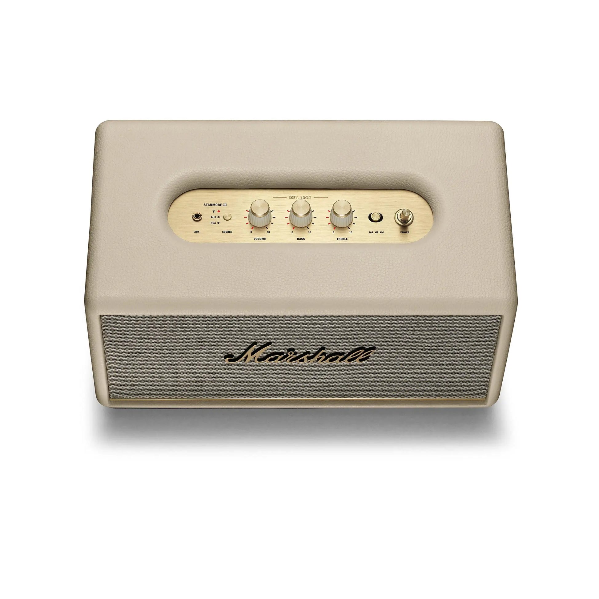 Das Bild zeigt den Marshall Stanmore III Bluetooth Lautsprecher in Creme aus der Vogelperspektive.