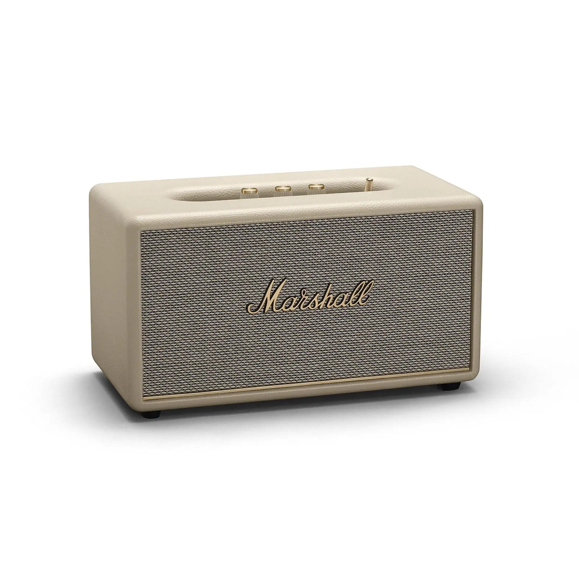 Das Bild zeigt den Marshall Stanmore III Bluetooth Lautsprecher in Creme aus der Schrägansicht.